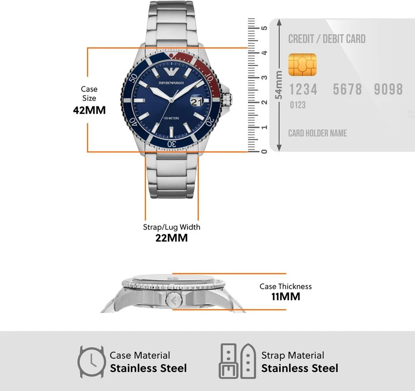 Wristwatch with measurement details and credit card comparison on a white background.