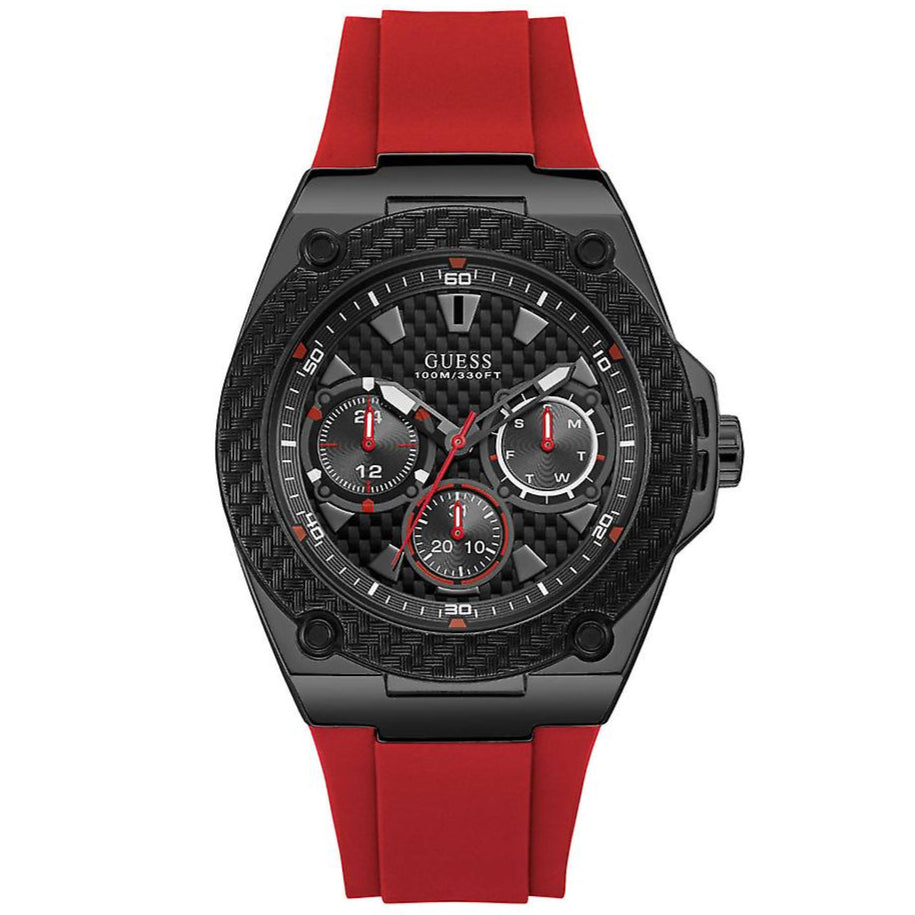 Watch with red strap and black case on a white background