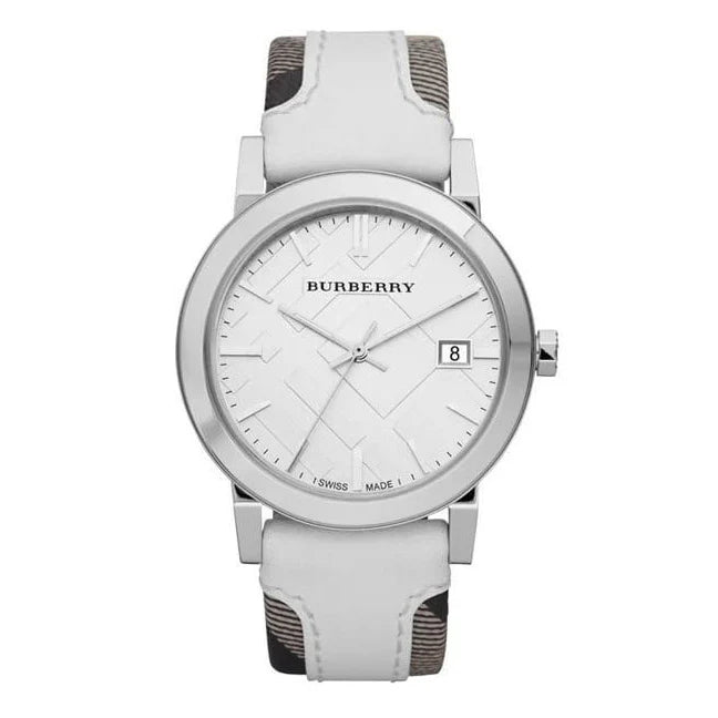 A Burberry City Slate White Edition watch with a white leather strap, silver case, and a date display.