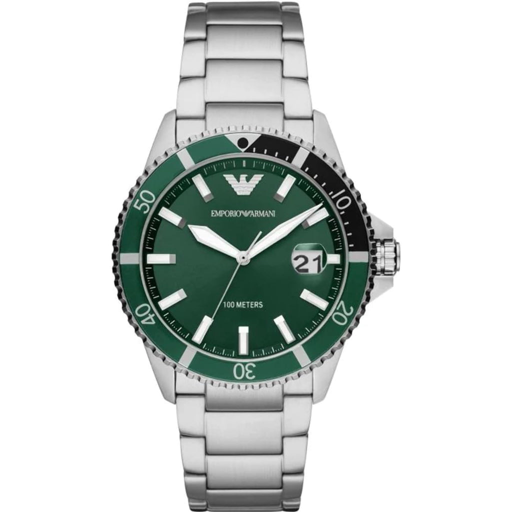 Emporio Armani Men's Watch AR11338 with a green dial, rose gold-tone accents, and a stainless steel bracelet.