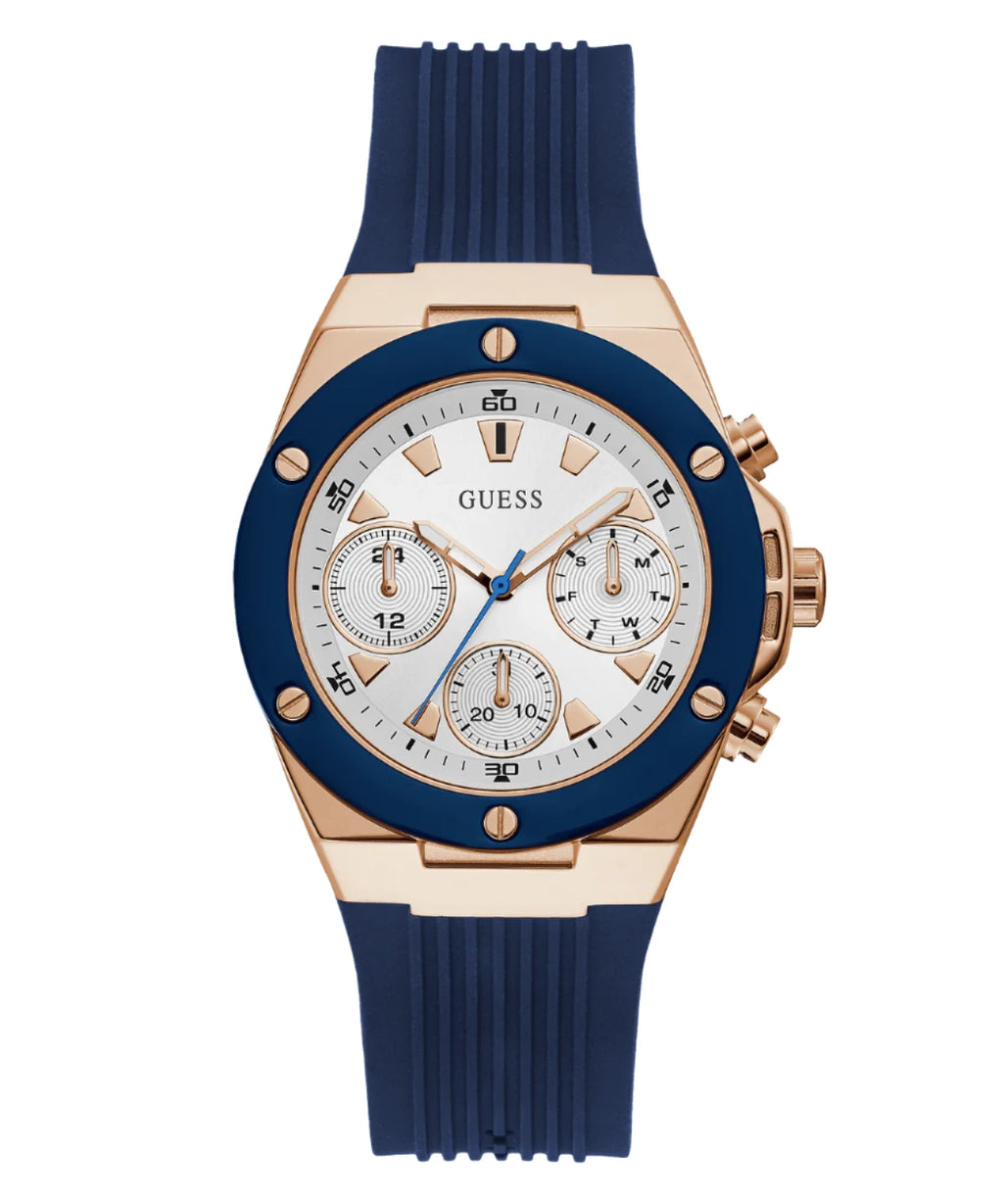 A GUESS men's watch with a rose gold-tone case, blue sunray dial, and a blue silicone bracelet.