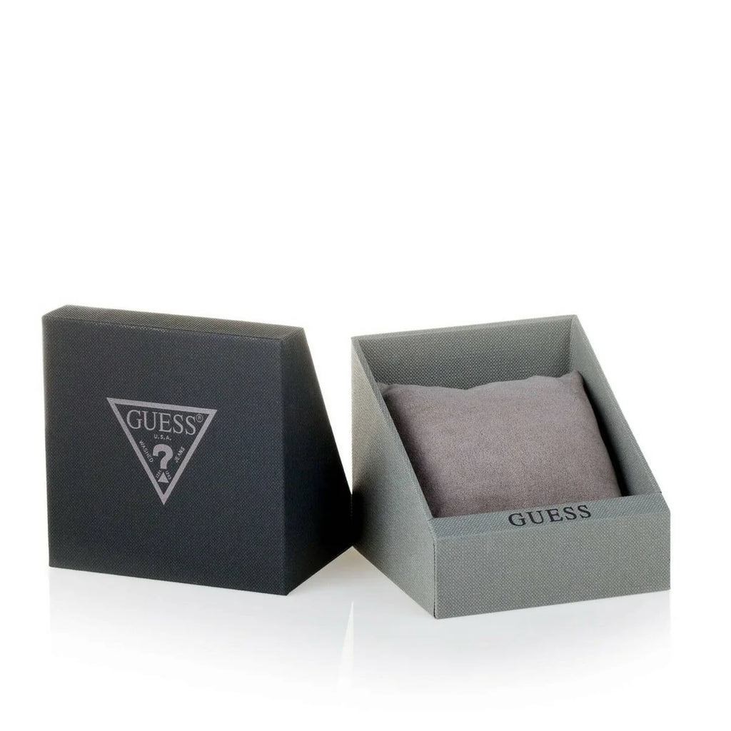 Gray Guess watch in an open box on a white background