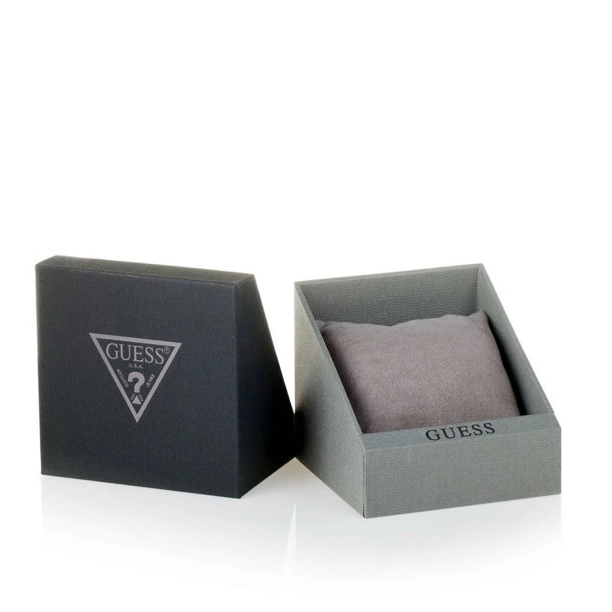 Gray Guess watch in an open box on a white background
