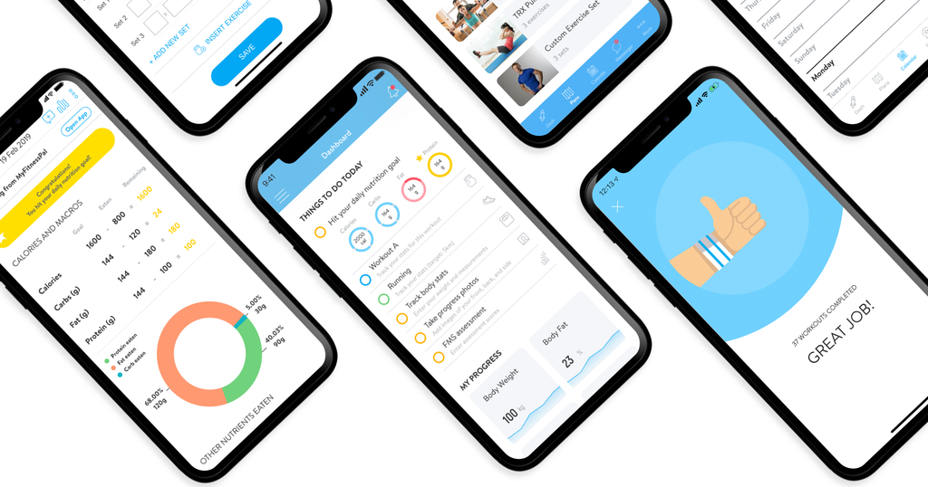 Multiple smartphone screens displaying various app interfaces on a white background