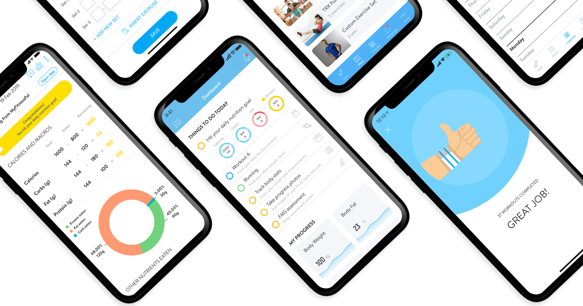 Multiple smartphone screens displaying various app interfaces on a white background