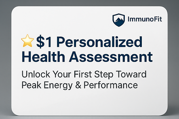 Promotional card for ImmunoFit's personalized health assessment offer on a gray background