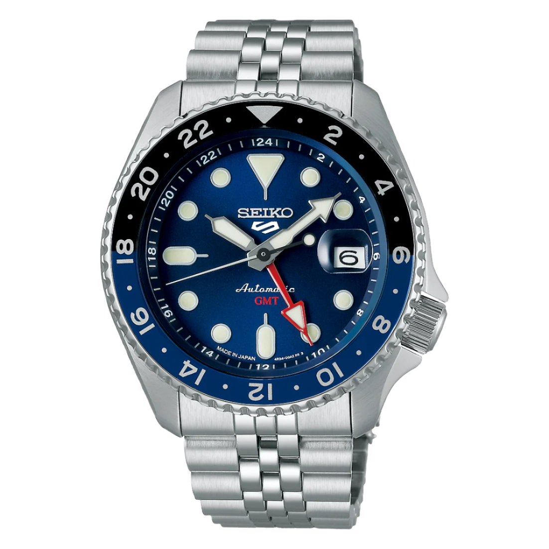 Seiko watch with blue dial and silver metal bracelet on a white background