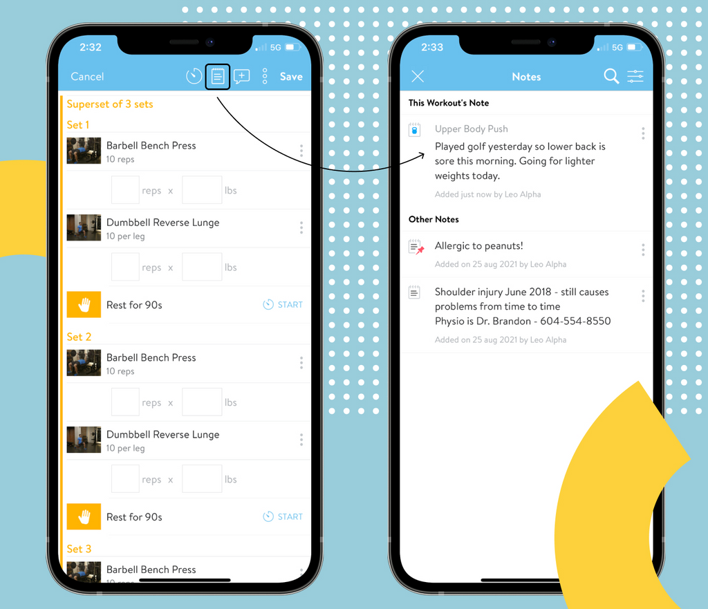 Two smartphone screens displaying fitness app interfaces with workout routines and notes.