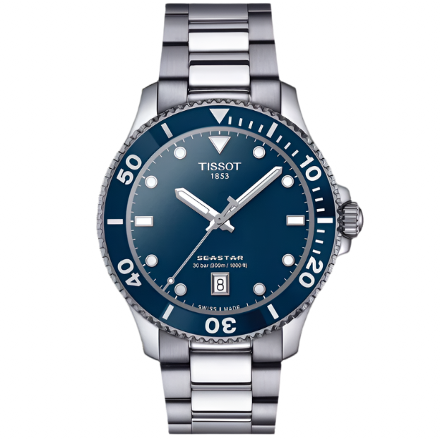 Tissot watch with blue dial and silver metal strap on a white background