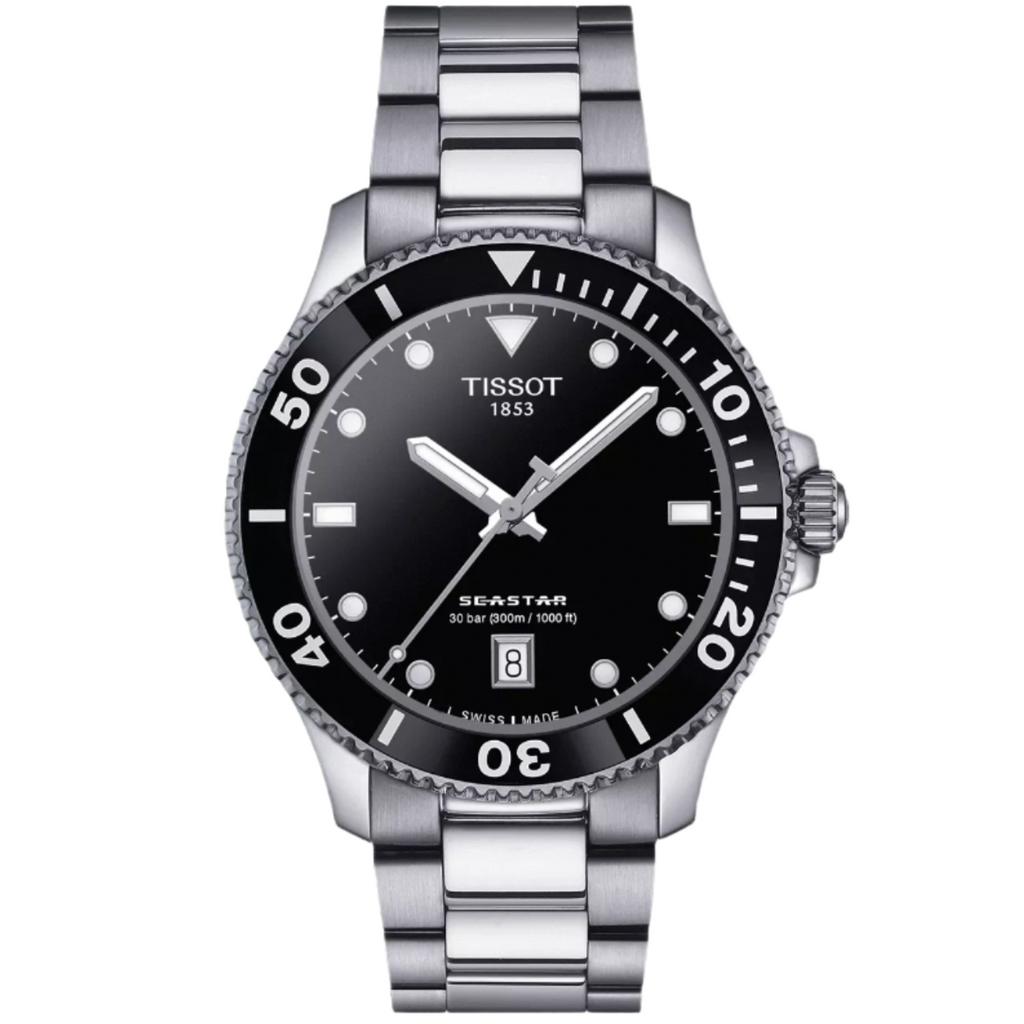 Tissot watch with black dial and silver bracelet on a white background