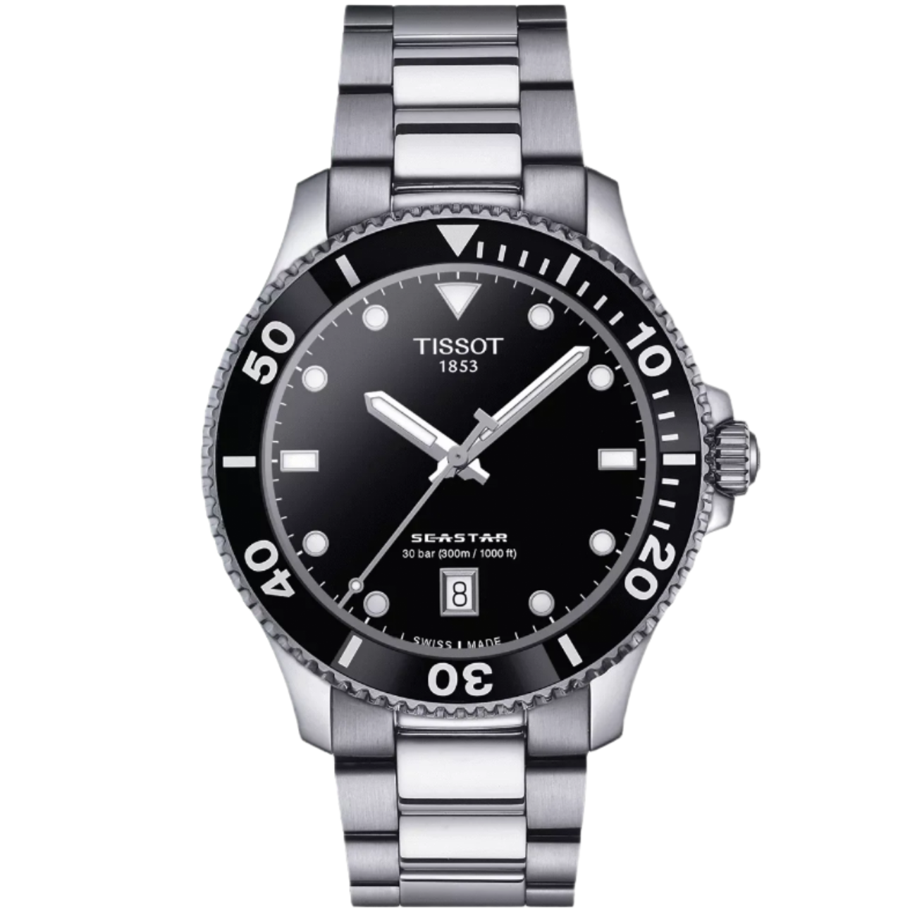 Tissot watch with black dial and silver bracelet on a white background