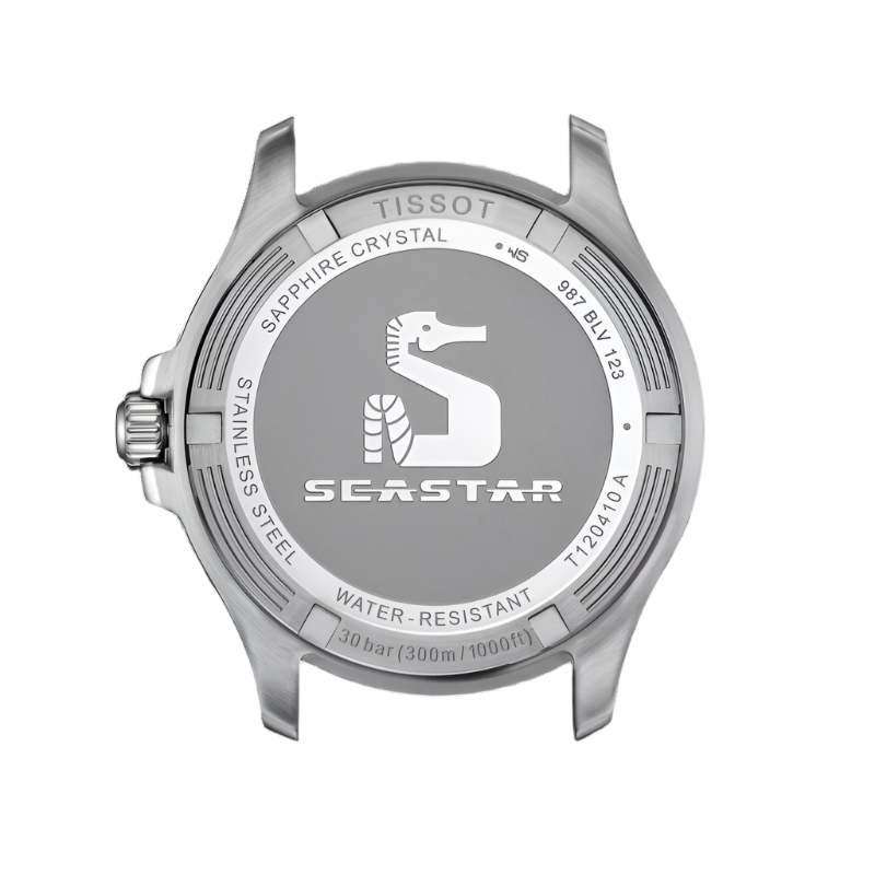 Back view of a Tissot Seastar watch with branding and specifications.