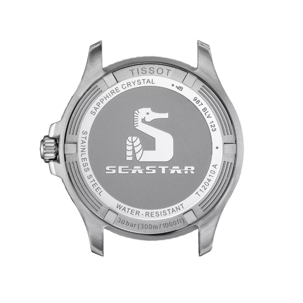 Back view of a Tissot Seastar watch with branding and specifications.