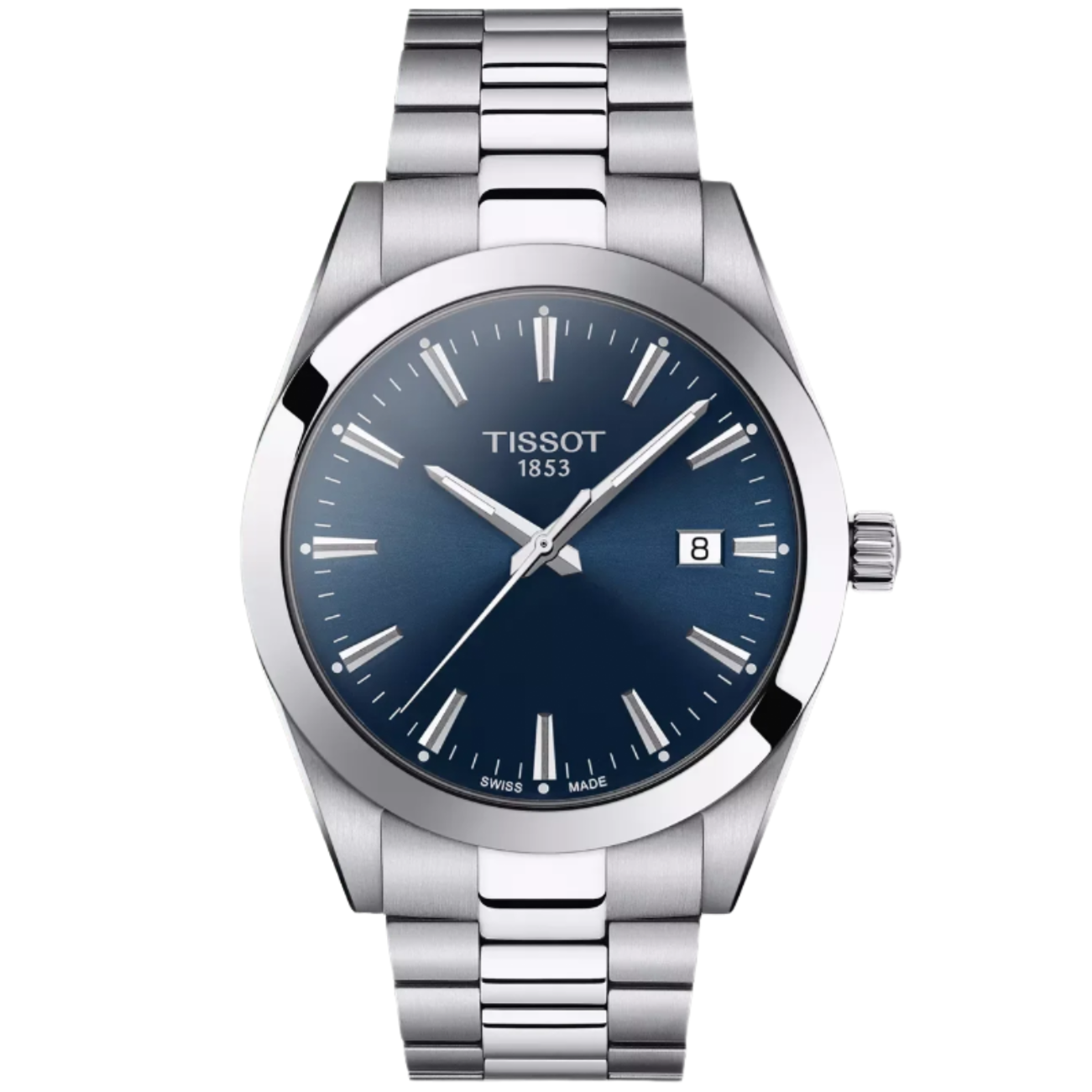 Silver Tissot watch with a blue dial on a white background