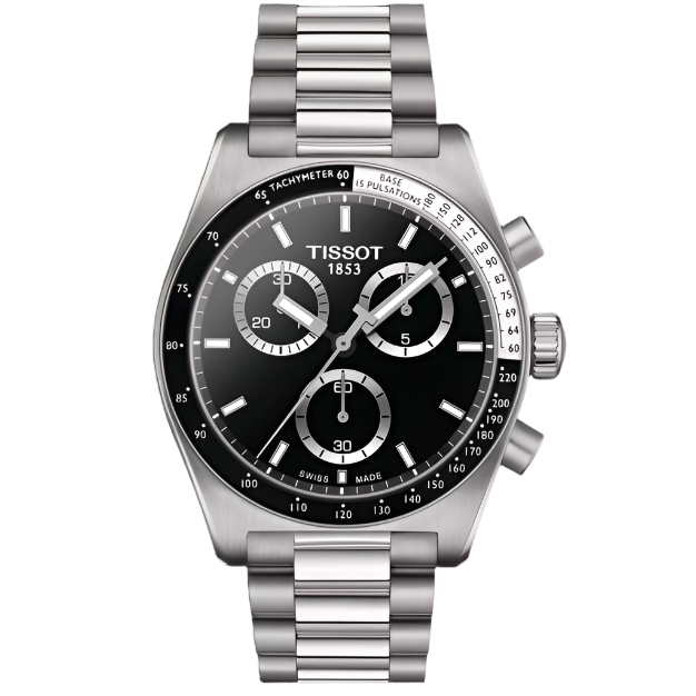 Silver Tissot watch with black dial on a white background