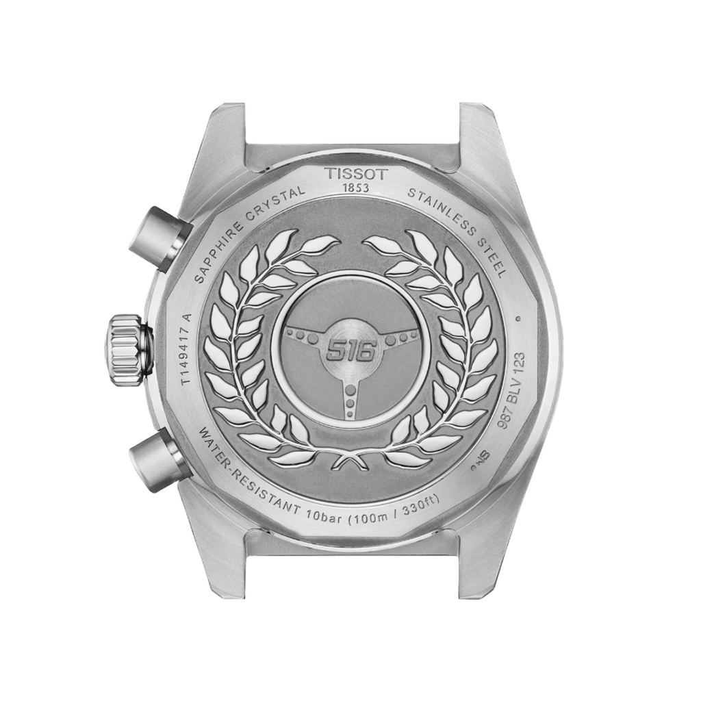 Close-up of a Tissot watch caseback with branding and specifications.