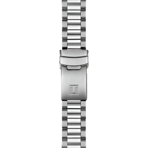 Silver watch strap with clasp on a white background