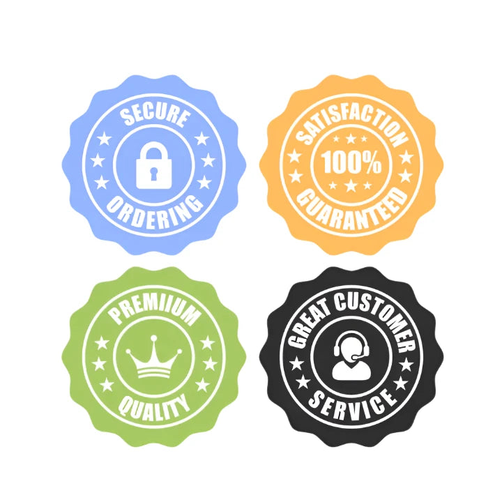 Four colorful stickers indicating security, satisfaction, quality, and customer service.