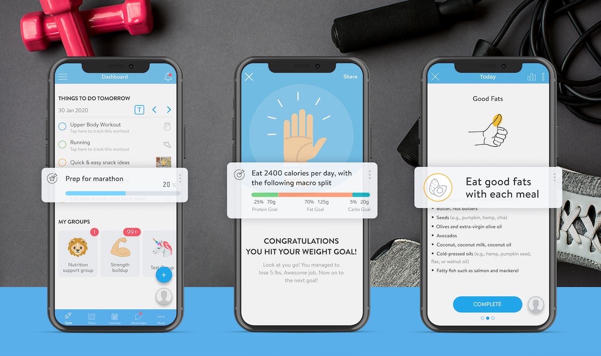 Three smartphones displaying a fitness app interface with workout plans and nutrition advice.