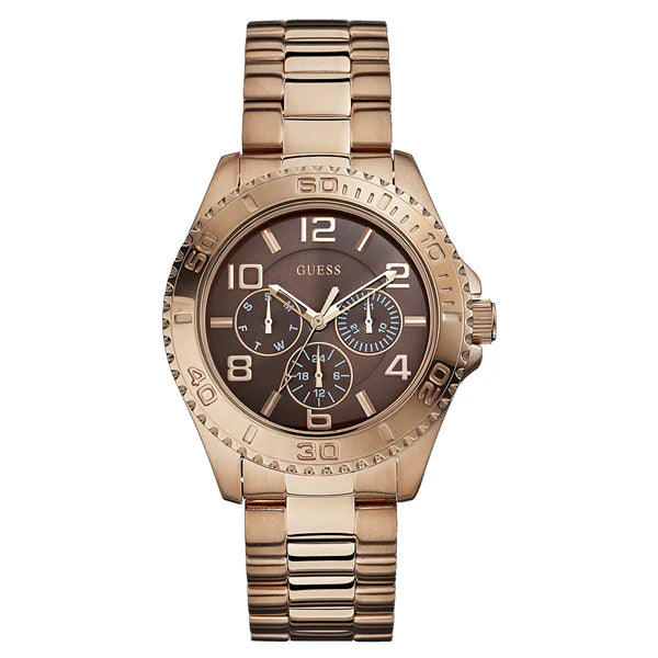 A rose gold-tone GUESS men's watch with a brown dial and multifunction sub-dials, displayed on a white background.