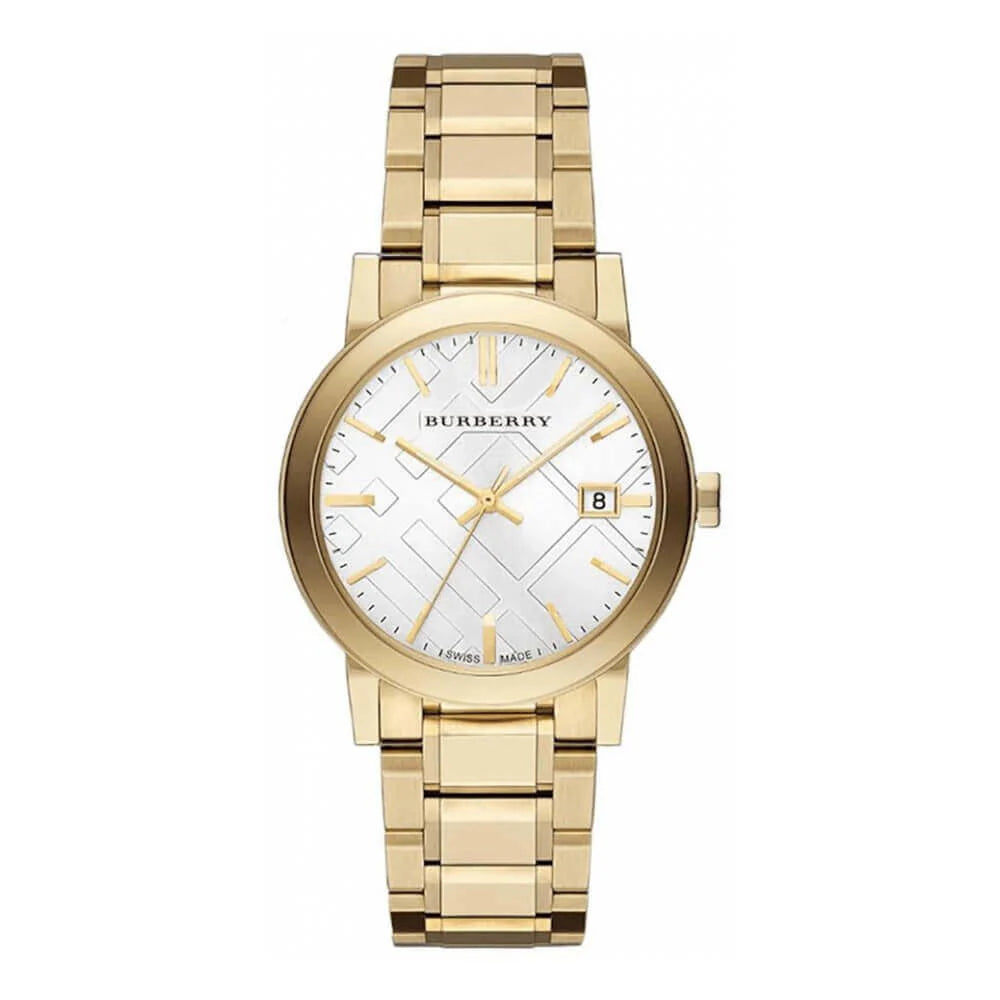 A gold-tone Burberry 'The City' men's watch with a silver sunray dial and a gold-tone stainless steel bracelet.