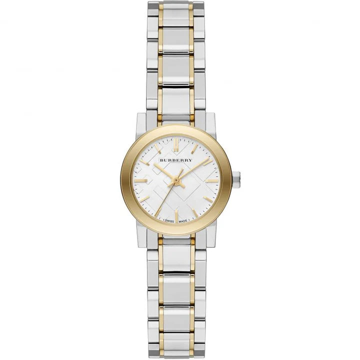 A two-tone Burberry 'The City' watch with a silver sunray dial featuring the Nova check pattern, gold-tone hands, and a two-tone stainless steel bracelet.