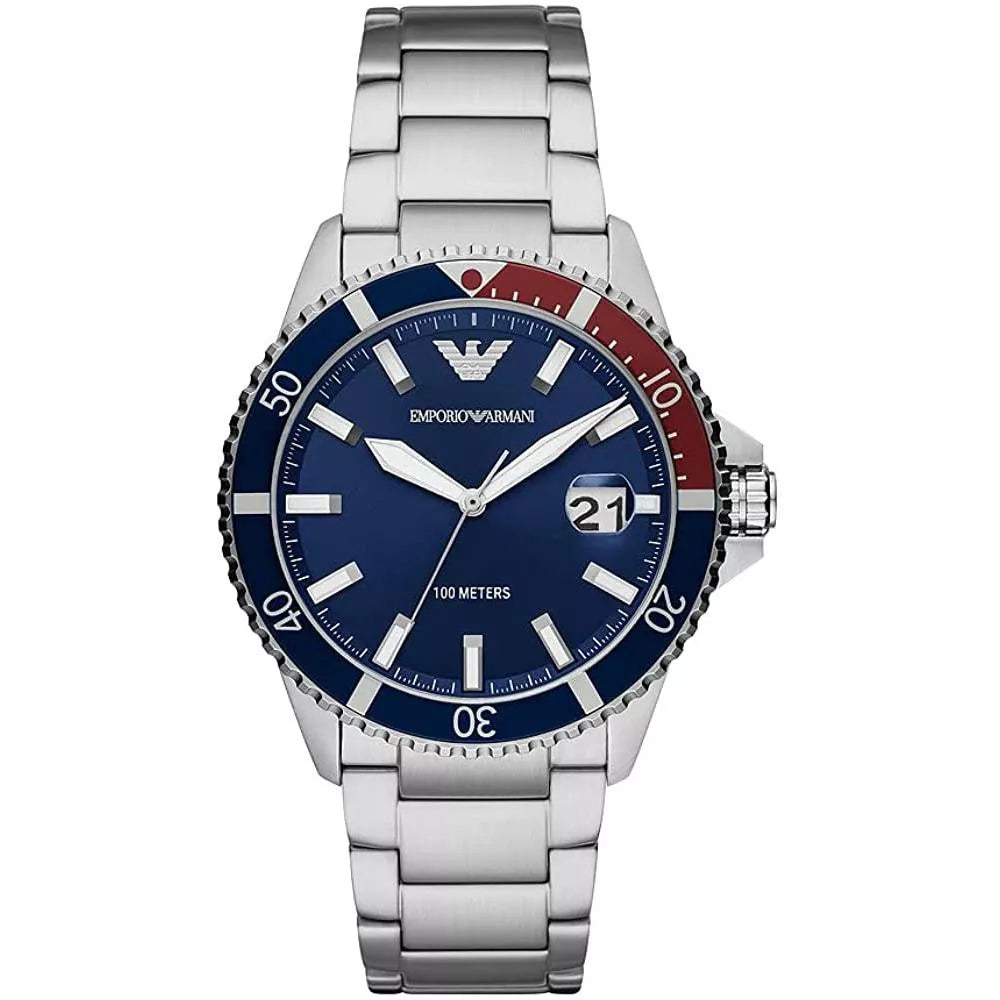Emporio Armani AR11339 Men's Diver Watch, featuring a blue dial with silver-tone hands and a unidirectional rotating bezel in blue and red, on a stainless steel bracelet.