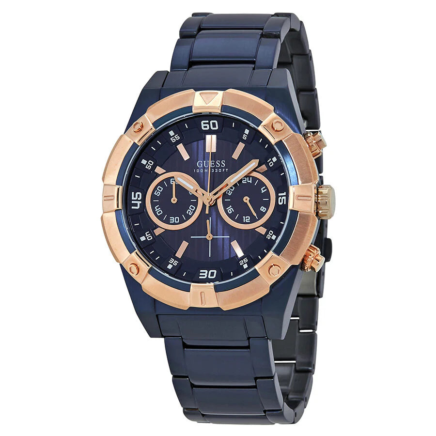 A GUESS Men's Watch with a blue ion-plated stainless steel case, rose gold-tone accents, and a blue dial featuring chronograph sub-dials.