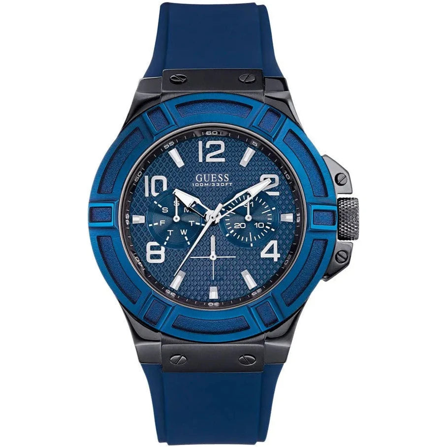 Blue Guess watch with a detailed face on a white background