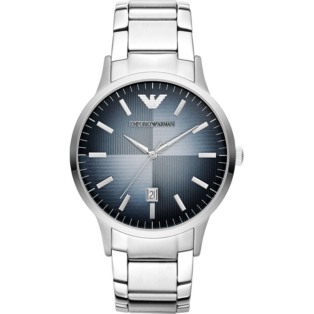A stainless steel Emporio Armani Renato men's watch with a blue dial and silver-tone hands, displayed on a white background.