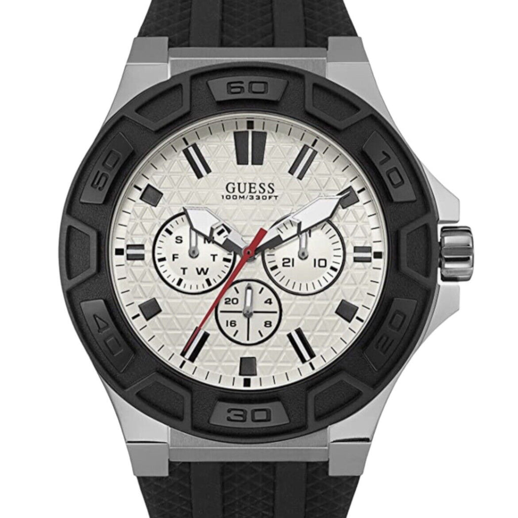 Guess watch with black strap and silver case on a white background