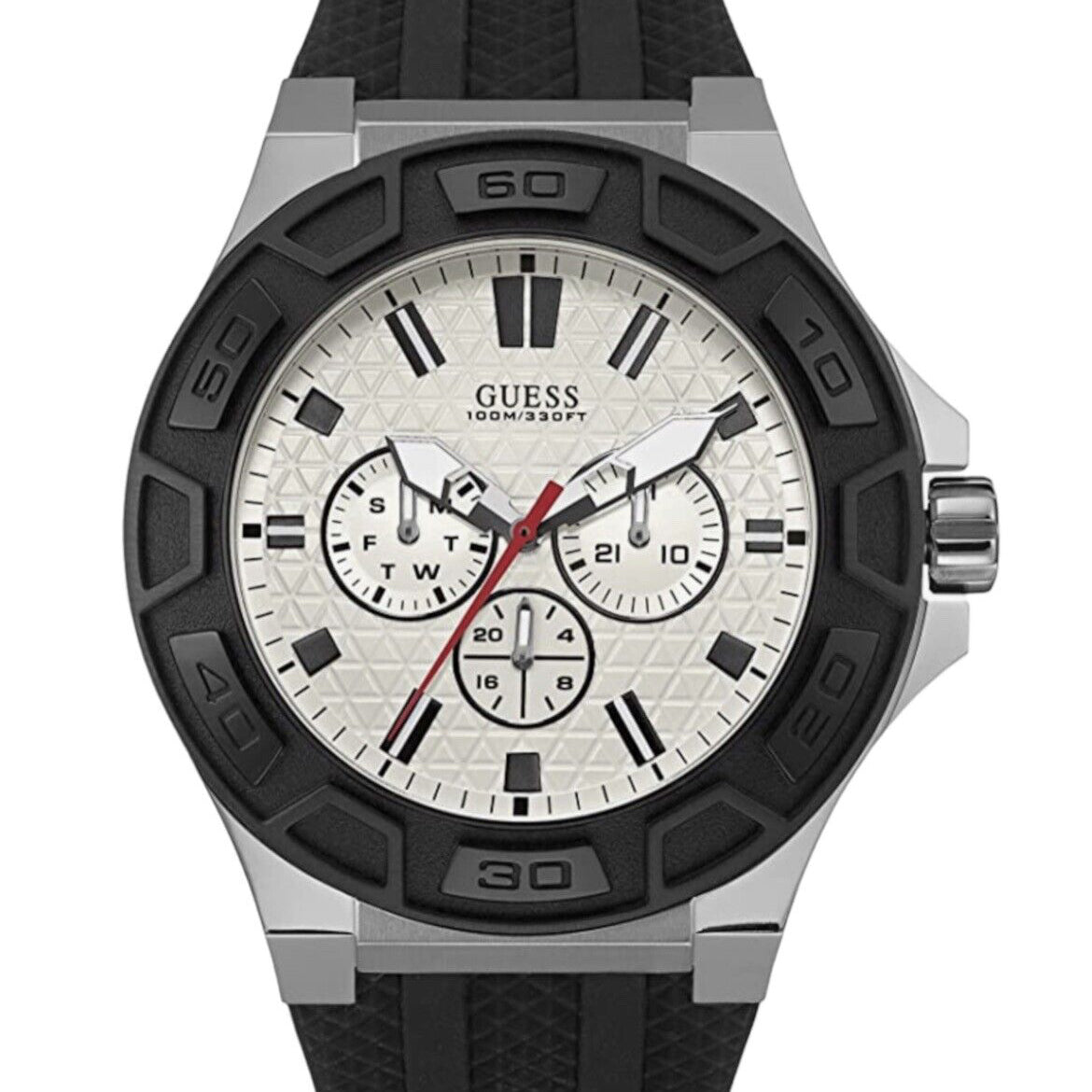 Guess watch with black strap and silver case on a white background