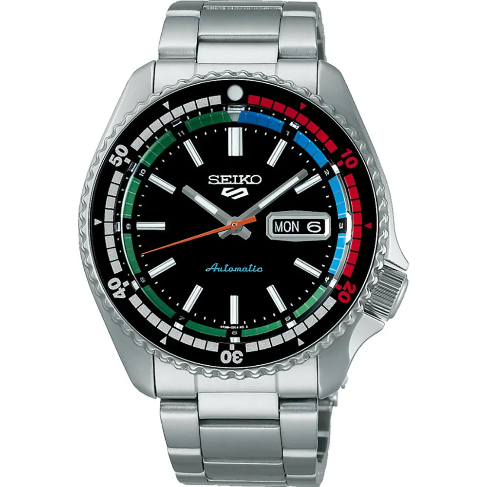 Seiko 5 Sports SRPK13K1 watch with a black dial, multicolored inner bezel, stainless steel bracelet, and a silver case.