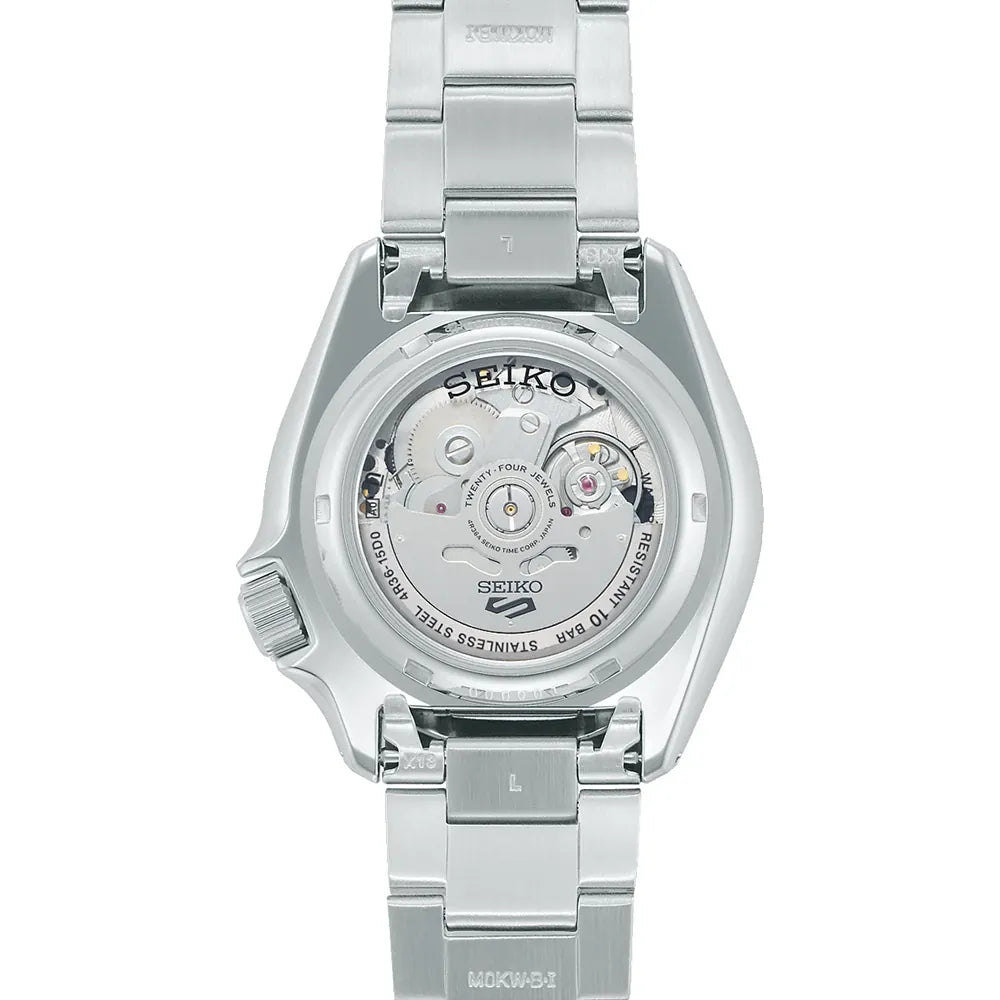 Seiko 5 Sports SRPK09K1 watch with a silver sunray-finished dial, silver and black checkered bezel, and a screw-down transparent case back, displayed on a white background.